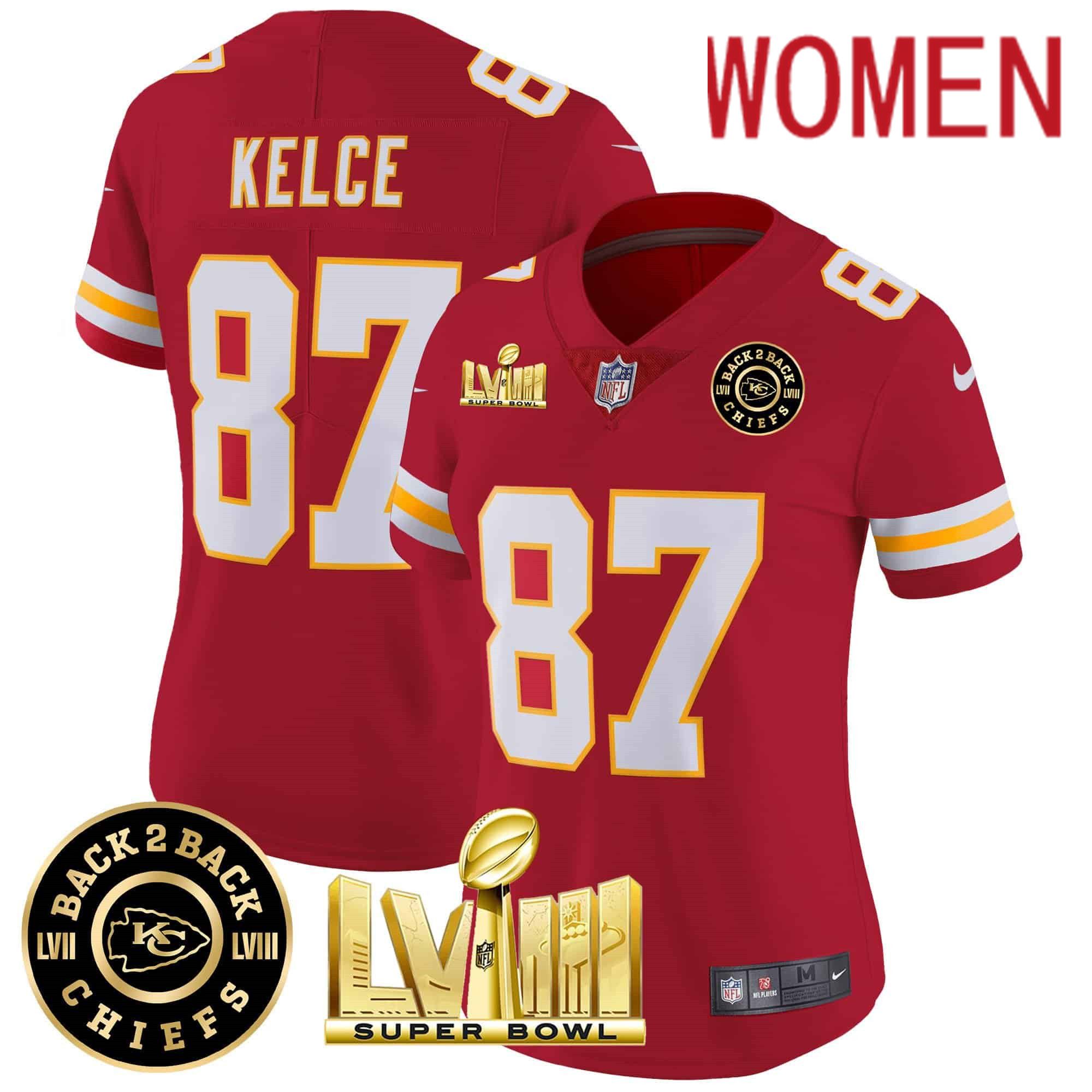 Women Kansas City Chiefs #87 Kelce Red 2024 Nike Super Bowl LVIII & Back-2-Back Patch Vapor NFL Jersey style 3